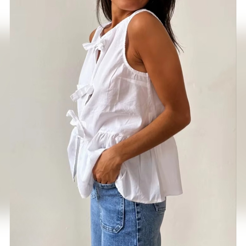 NEW White Bow Tied Sleeveless Peplum Size M Ruffle Hem Top CC-1510 - Picture 2 of 9
